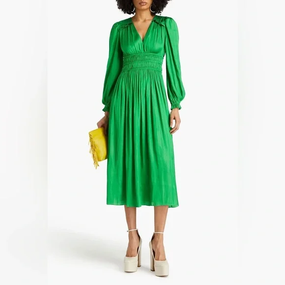 Maje | Dresses | Maje Green Shirred Satin Midi Dress | Poshmark